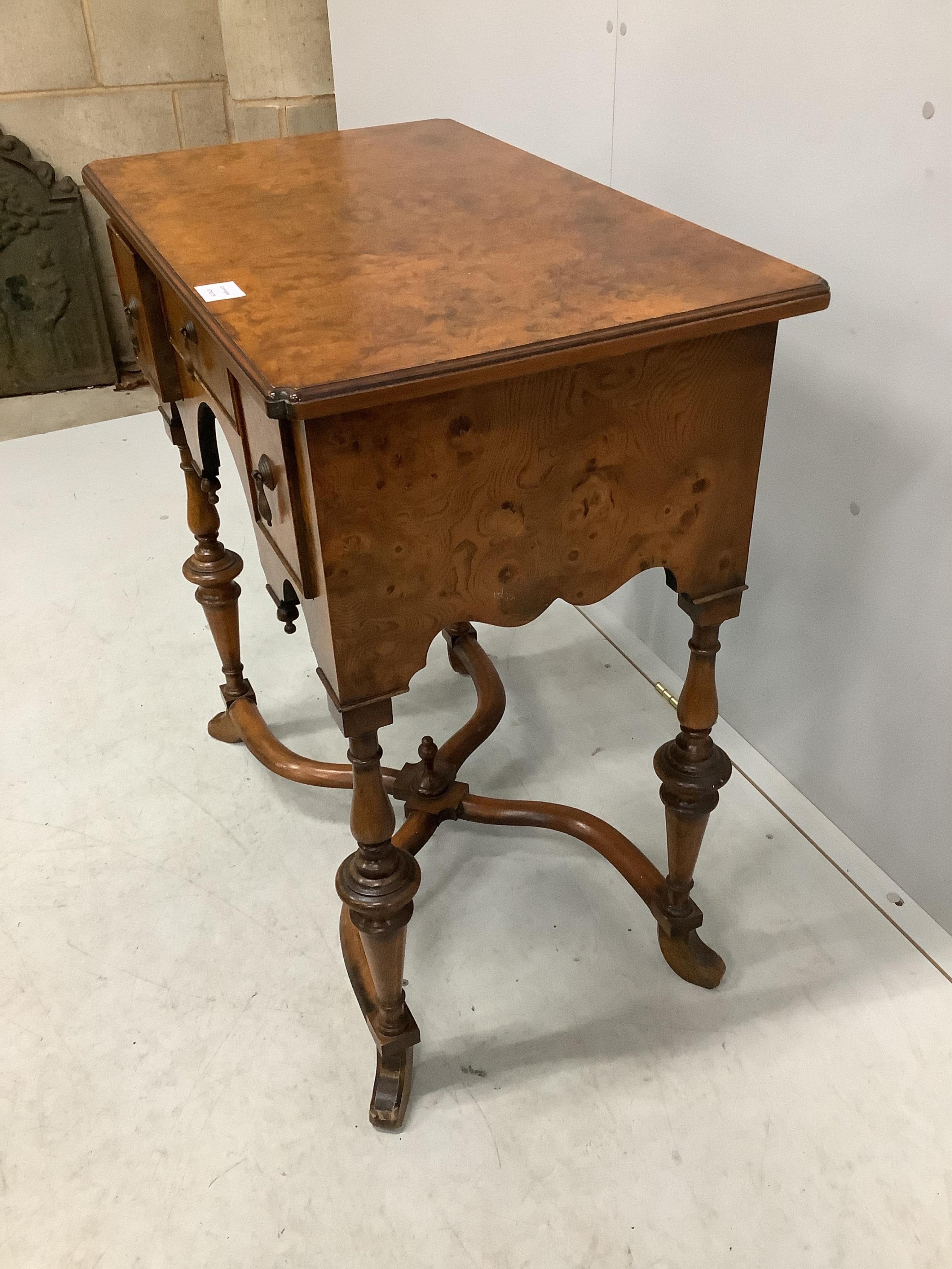 A Queen Anne style burr elm lowboy, width 76cm, depth 46cm, height 84cm. Condition - good